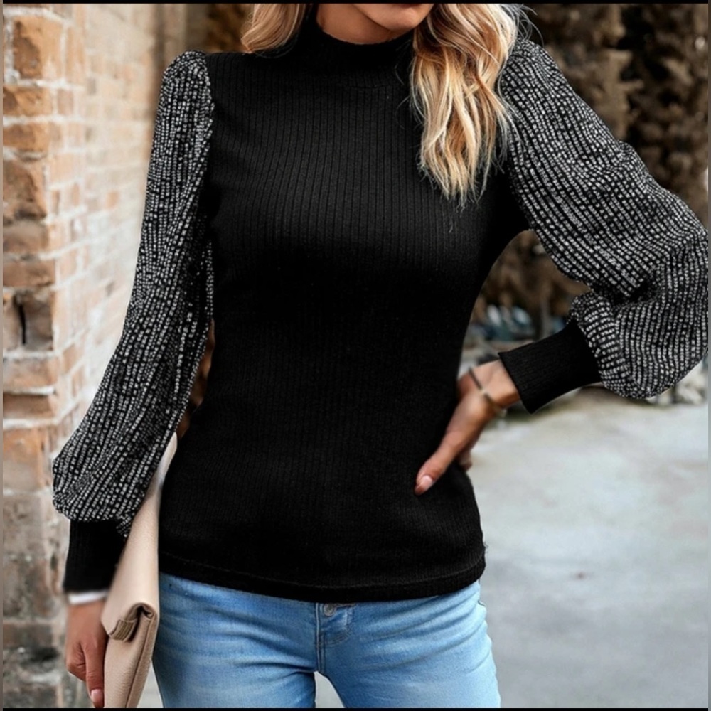 NEW Black Fitted Mockneck Top With Sequined Lantern Style long Sleeves